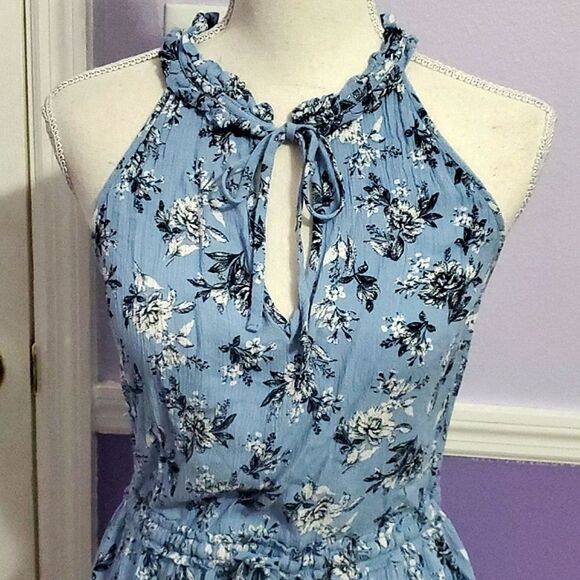 Band of Gypsies Blue Floral Boho Romantic Ruffly Tiered Mini Dress - Picture 2 of 12
